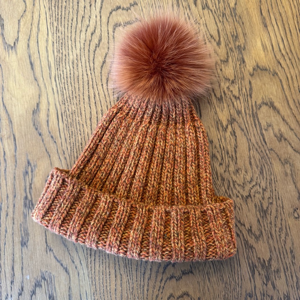 Women's 100% Wool Vintage Italian  Knit Beanie Faux Fur Pom Pom‎ Hat